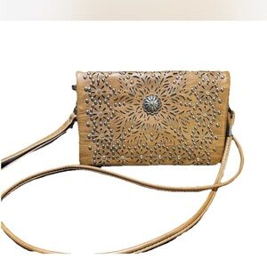 Chic Tan Shoulder Bag with Intricate Design by American Bling